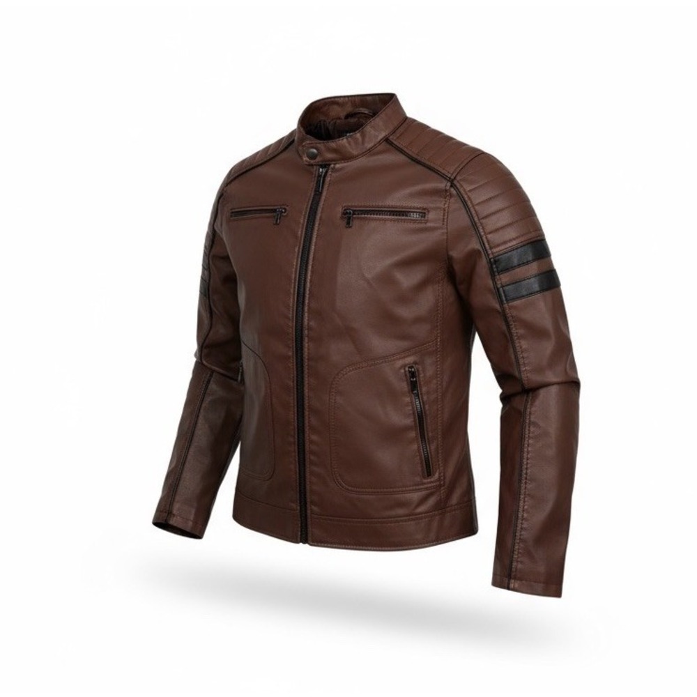 Distortion Motorcycle Jacket, Men's Large- Faux Leather Brown/ Black Zip Pockets